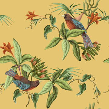 Tropical floral birds seamless pattern with exotic jungle botanical illustration vintage