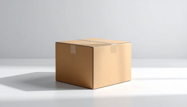 A cardboard box sits on a plain surface in a minimalist indoor setting.