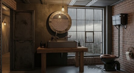 Industrial bathroom interior with mirror sink toilet and window