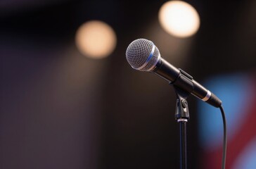 Obraz premium Microphone on Stand Ready for Performance, Public Speaking, or Entertainment Event in Dimly Lit Venue