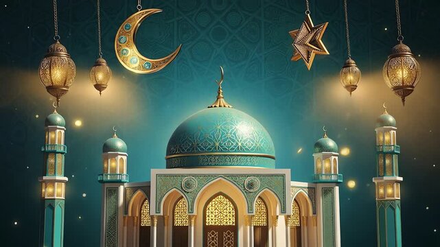turquoise mosque domes minarets crescent moons lanterns night