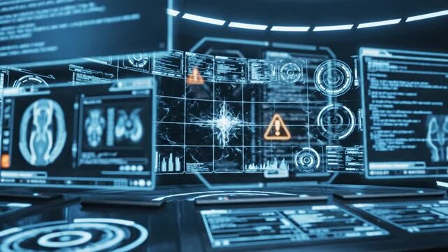 Futuristic command center with multiple screens displaying complex data and charts