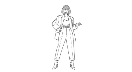 Elegant woman in a stylish suit line art illustration for fashion design concept idea