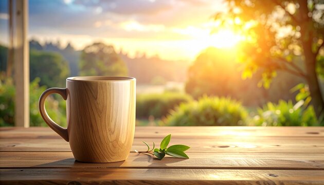 A wooden mug sits on a table by a sunny window with a leafy outdoor view.