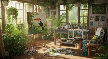 Art studio with painting of a toucan surrounded by lush greenery and natural light