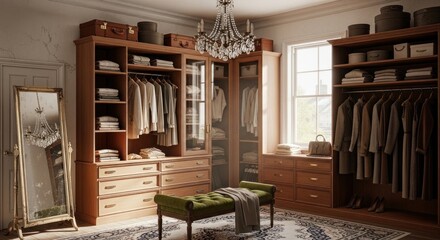 Elegant walk in closet with wooden storage and a vintage chandelier
