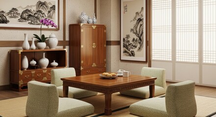 Elegant room interior featuring asian inspired design and artwork