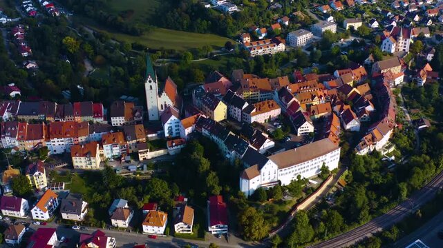 Aerial view above the old town in the city Engen on a cloudy noon in summer in Germany close to lake constance, Bodensee.
