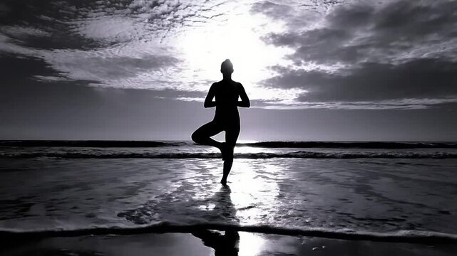 Serene Yoga Pose on Beach at Sunset Black and White.