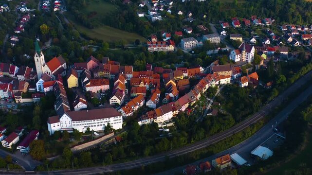 Aerial view above the old town in the city Engen on a cloudy noon in summer in Germany close to lake constance, Bodensee.
