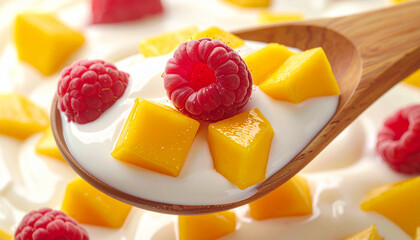 Spoonful of yogurt with diced mango and halved raspberries, extreme macro close up