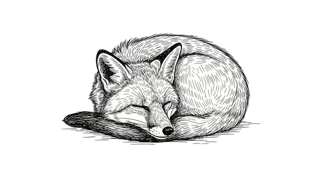Monochrome sleeping fox drawing showcasing intricate line work and serene composition for design