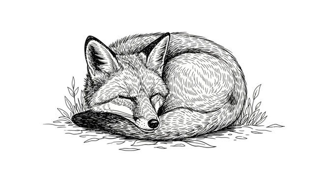 Detailed ink drawing of a curled sleeping fox on a white background illustration