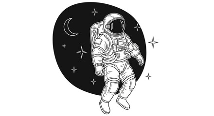 Astronaut in space exploration black and white sketch with moon and stars design © Saipur