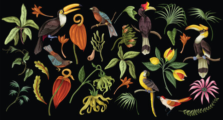 Tropical floral birds elements isolated with exotic jungle botanical illustration vintage © Yumeee