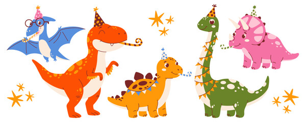 Kids birthday party set of cute dinosaurs Triceratops, Brachiosaurus, Pterodactyl, Tyrannosaurus, Stegosaurus in party hats. Modern retro flat vector minimalist illustration for invitation, sticker © Coxic25