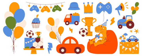 Fototapeta premium Birthday party set elements for boys with gamer dinosaur, soccer cake, blue car, truck, gamepad balloons. Modern retro flat vector minimalist illustration for kids celebration, invitation, poster