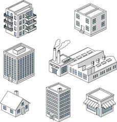 Isometric Building and Factory Vector Set with Office House Shop and Industrial Manufacturing Plant Illustration © VectoInfinity 