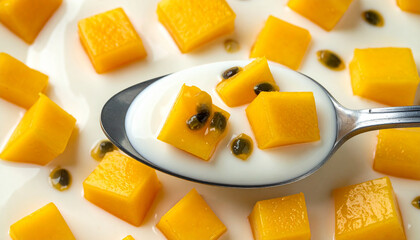 Spoonful of yogurt with diced mango and passion fruit pulp, macro close up