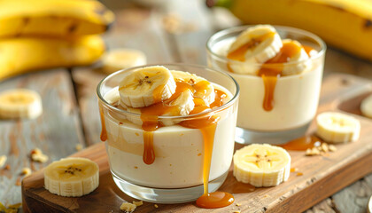 Yogurt bowl with sliced bananas and caramel drizzle, macro close up
