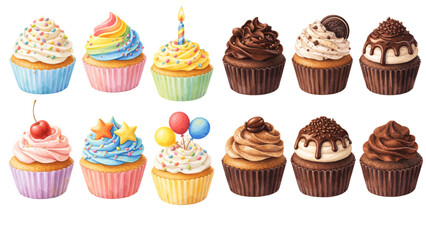 A charming watercolor collection of decorated cupcakes, including pastel frosted vanilla treats, rich chocolate swirl cupcakes, and colorful sprinkles with festive toppers.
