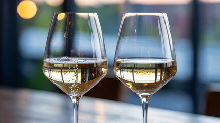 Obraz premium Two elegant wine glasses filled with white wine on a table by the window
