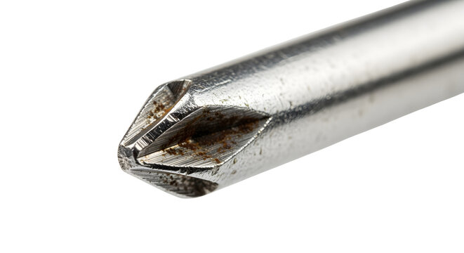 Close up of a metal Phillips head screwdriver tip isolated on white background