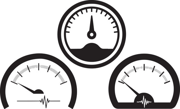 Black and white illustration of three vintage analog gauges and meters