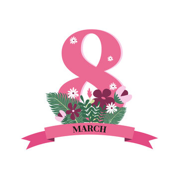 A design for International Women's Day, March 8. A large number 8 in soft pink is decorated with flowers and a ribbon. The inscription "March 8" is on a white background. Isolated design