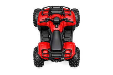 Fototapeta premium Top view of a bright red ATV with black accents and large tires isolated on black