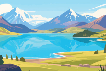 Calm lake reflecting snowy mountains, rolling green hills, and clear blue sky, tranquil scenic nature illustration. © HardTeam
