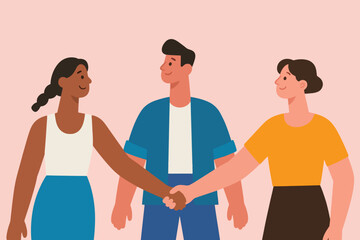 Obraz premium Three diverse people standing together, two shaking hands while one smiles in the middle, symbolizing unity, cooperation, and friendship on pink background.