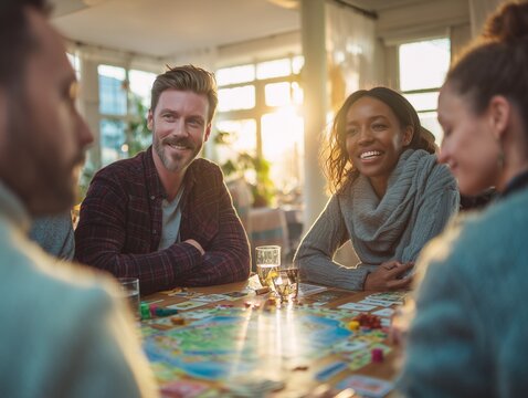Diverse group of young adult friends enjoying a board game together at home, laughing and having fun while socializing during a casual gathering