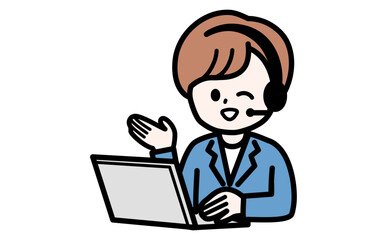 PCでオンライン商談やシステム解説を行う女性スタッフで信頼感のあるITカスタマーサービスのイラスト