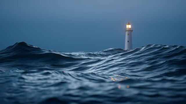 Lighthouse Rising Above Rolling Ocean Waves At Night