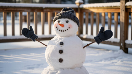 Snowman wearing gray hat and mittens on snowy deck with wooden railing