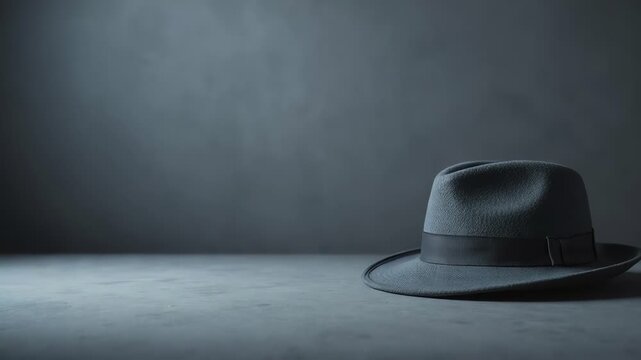 fedora hat on desk in moody low-light studio backdrop