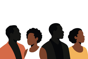 Four diverse profiles facing right in minimalist flat design, bold colors and distinct hairstyles, symbolizing individuality and diversity on white background.