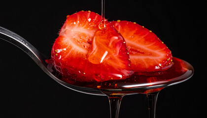 Spoonful of fresh strawberry slices with syrup, extreme close up