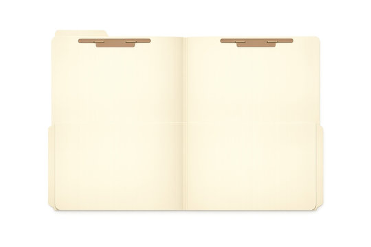 Open beige folder with blank pages and two metal clips on top