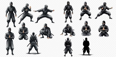 Set of ninjas in various poses, including standing, crouching, and with swords, on a transparent background. © studio