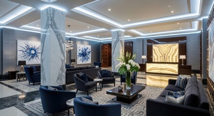 Elegant lobby interior with modern furniture and decorative art displays