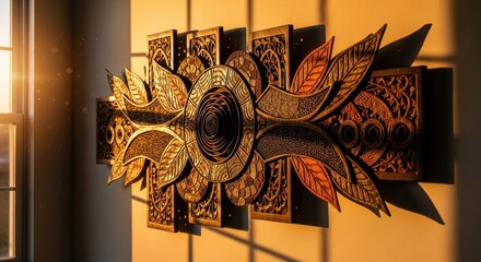Decorative wooden wall art intricate design with leaf and geometric patterns