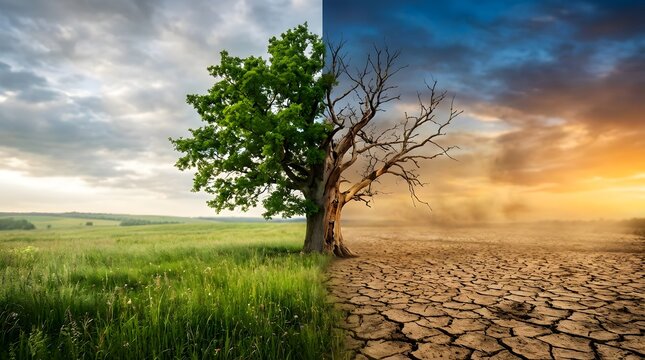 Climate change concept with tree on cracked earth and green grass contrasting drought and environmental impact