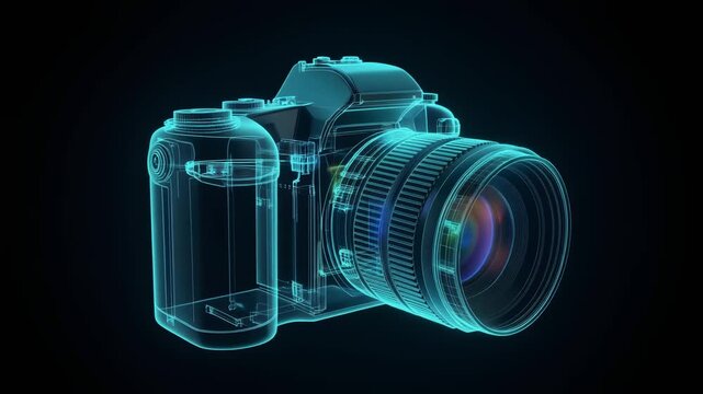 Futuristic transparent digital camera with glowing wireframe lens