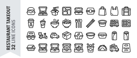 Restaurant Takeout and Food Delivery Line Icon Set: 32 Bold Vector Symbols of Packaging, Containers, Pizza, Burger, Sushi, Coffee, Cutlery, Scooter, and Car for Catering and Online Ordering.