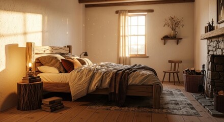 Cozy bedroom interior design with wooden bed and window light