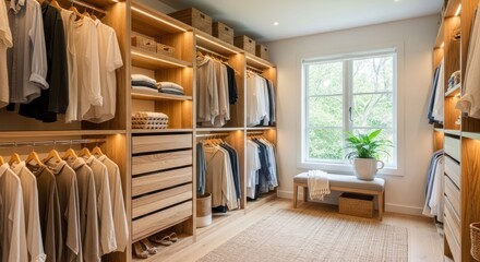 Modern walk in closet with organized clothing and neutral wood finishes