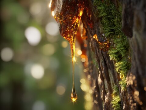 Close-up shot of golden amber tree sap dripping slowly from rough, moss-covered bark texture
