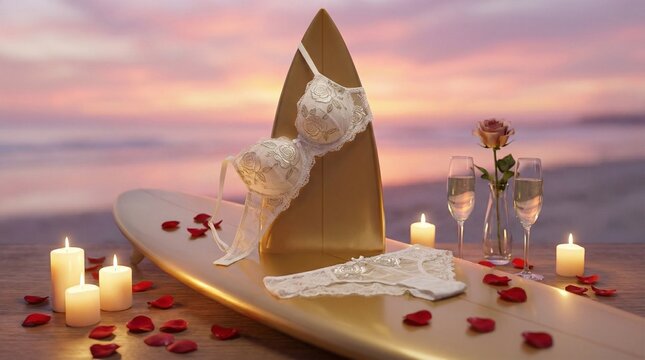  Gold Surfboard with Bikini Outfit Concept &mdash; Luxury Summer Fashion Minimal Studio Background with Copy Space